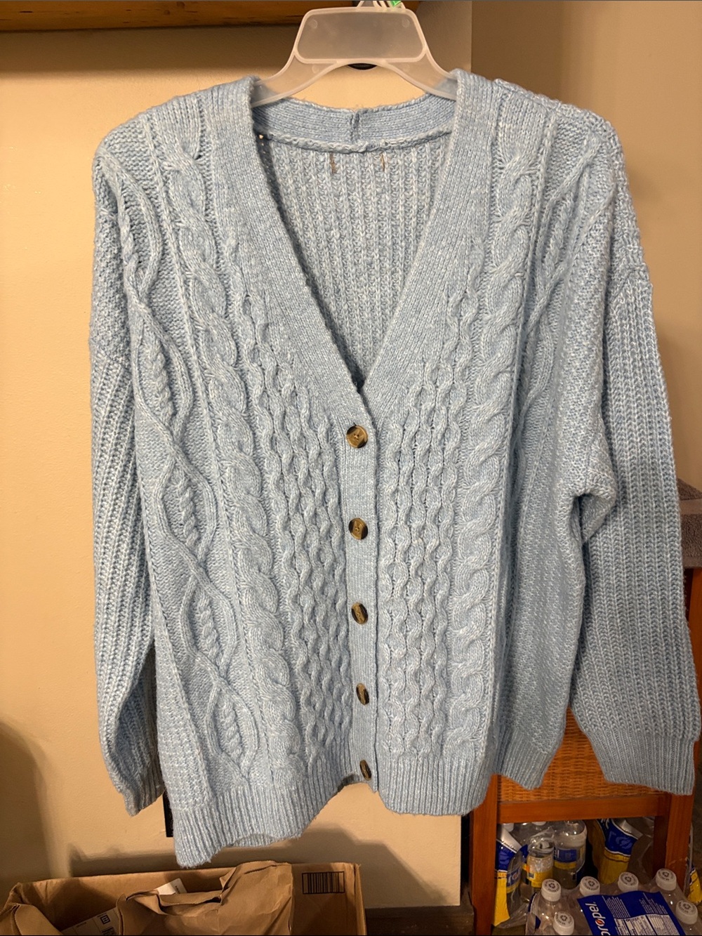 Soft Light Blue Cable Knit Button-Front Cardigan